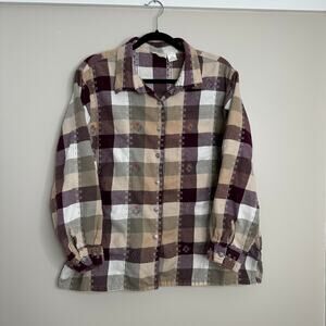 Hunters‎ Run Plaid Shirt Womens Medium Wine Tan EUC Floral Embroidered Cotton